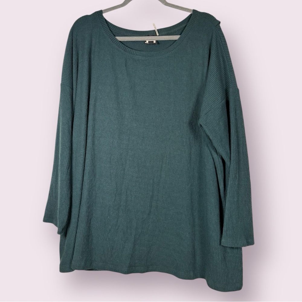 H by Bordeaux Emerald Green Ribbed Panel Long Sleeve Sweater 2X